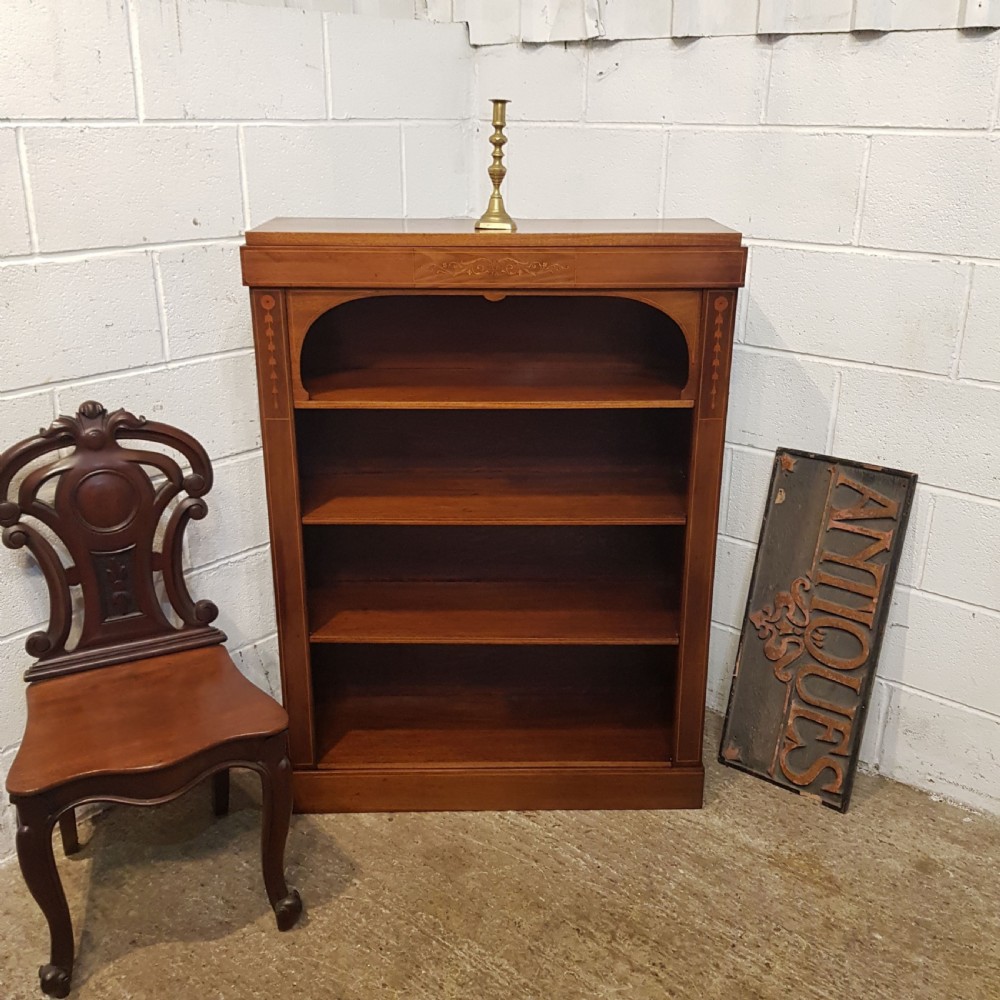 ANTIQUE EDWARDIAN MAHOGANY INLAID OPEN BOOKCASE C1900