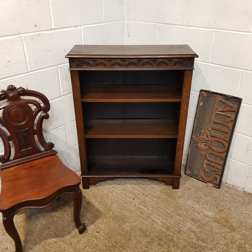 ANTIQUE CARVED OAK SMALL OPEN BOOKCASE C1920 View V
