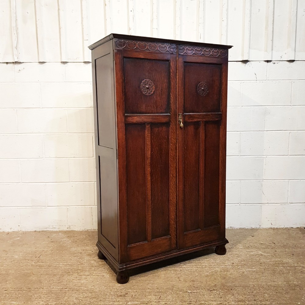 ANTIQUE SMALL CARVED OAK WARDROBE C1920 View IV