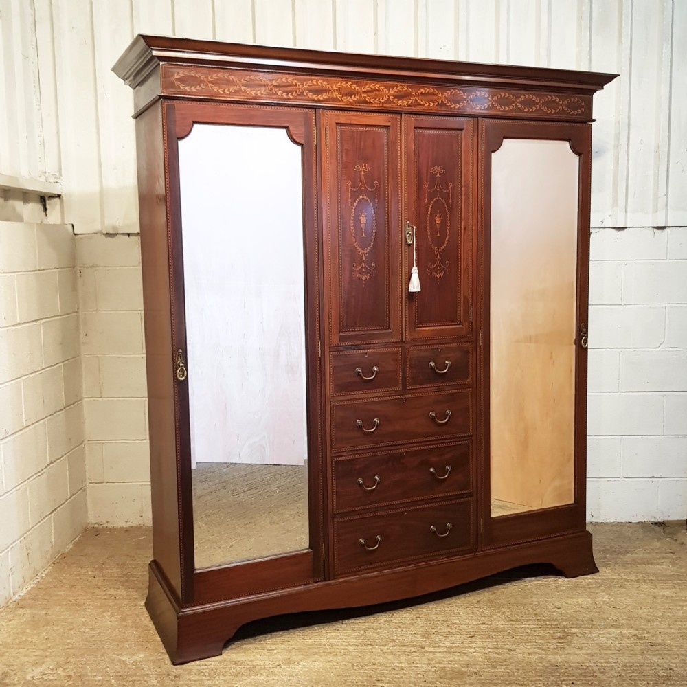 ANTIQUE EDWARDIAN INLAID MAHOGANY TRIPLE WARDROBE COMPACTUM C190 View V