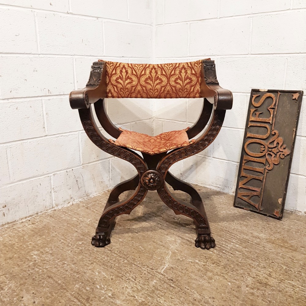 ANTIQUE 19TH CENTURY SPANISH CARVED WALNUT FOLDING X FRAMED CHAIR C1890