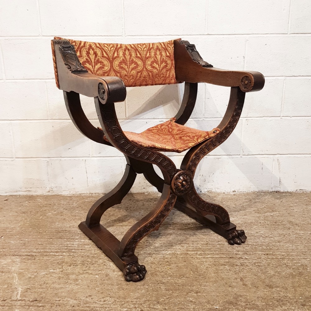 ANTIQUE 19TH CENTURY SPANISH CARVED WALNUT FOLDING X FRAMED CHAIR C1890 View V