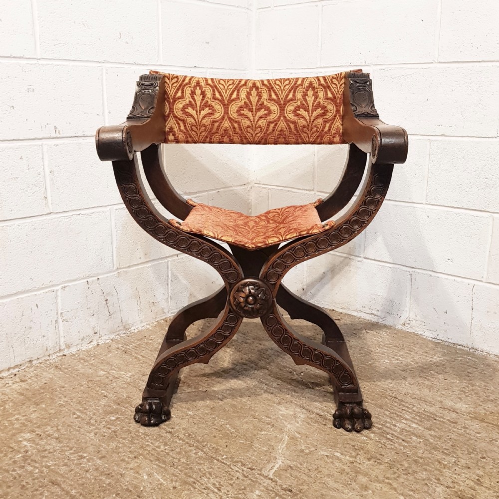 ANTIQUE 19TH CENTURY SPANISH CARVED WALNUT FOLDING X FRAMED CHAIR C1890 View IX