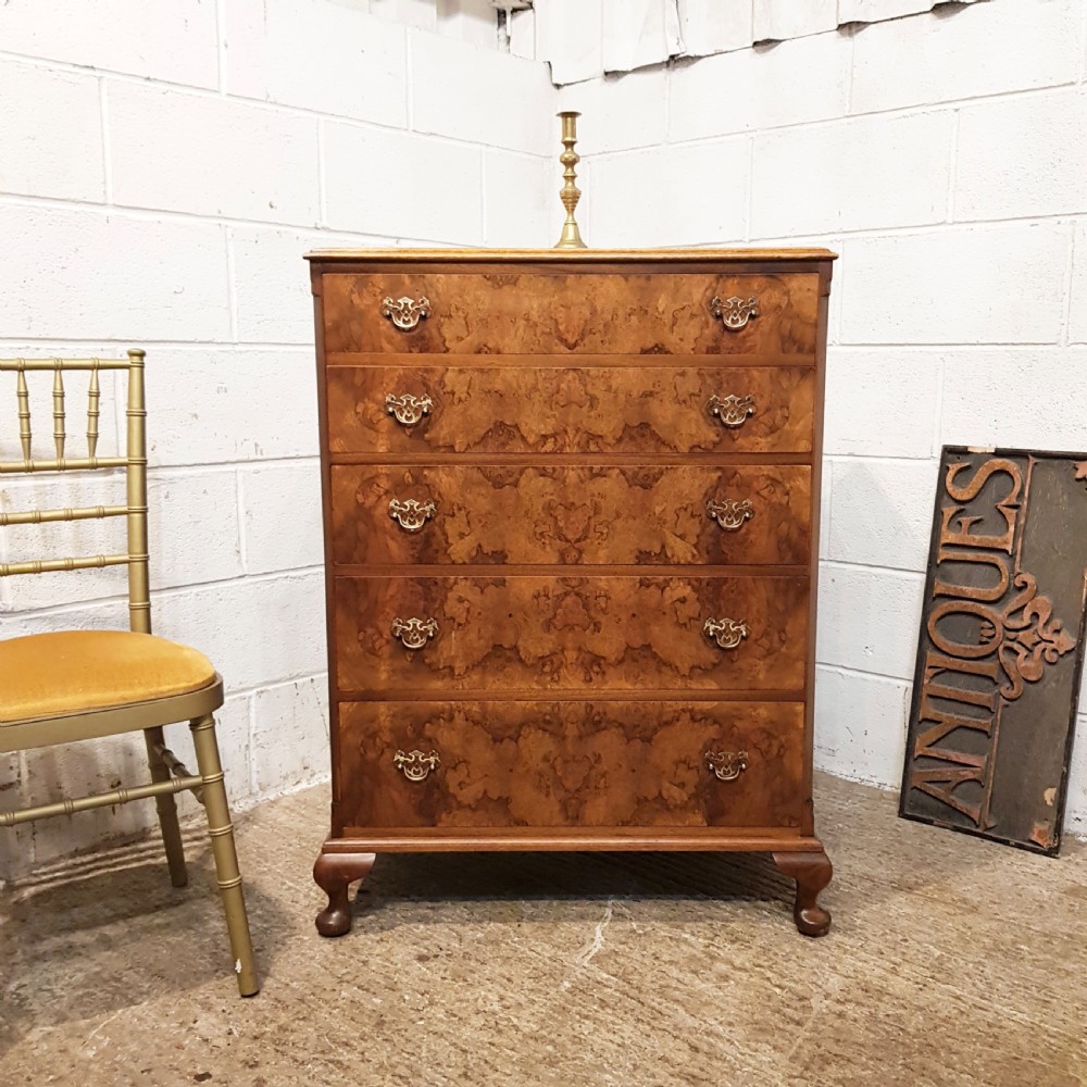 ANTIQUE BURR WALNUT CHEST OF DRAWERS C1920