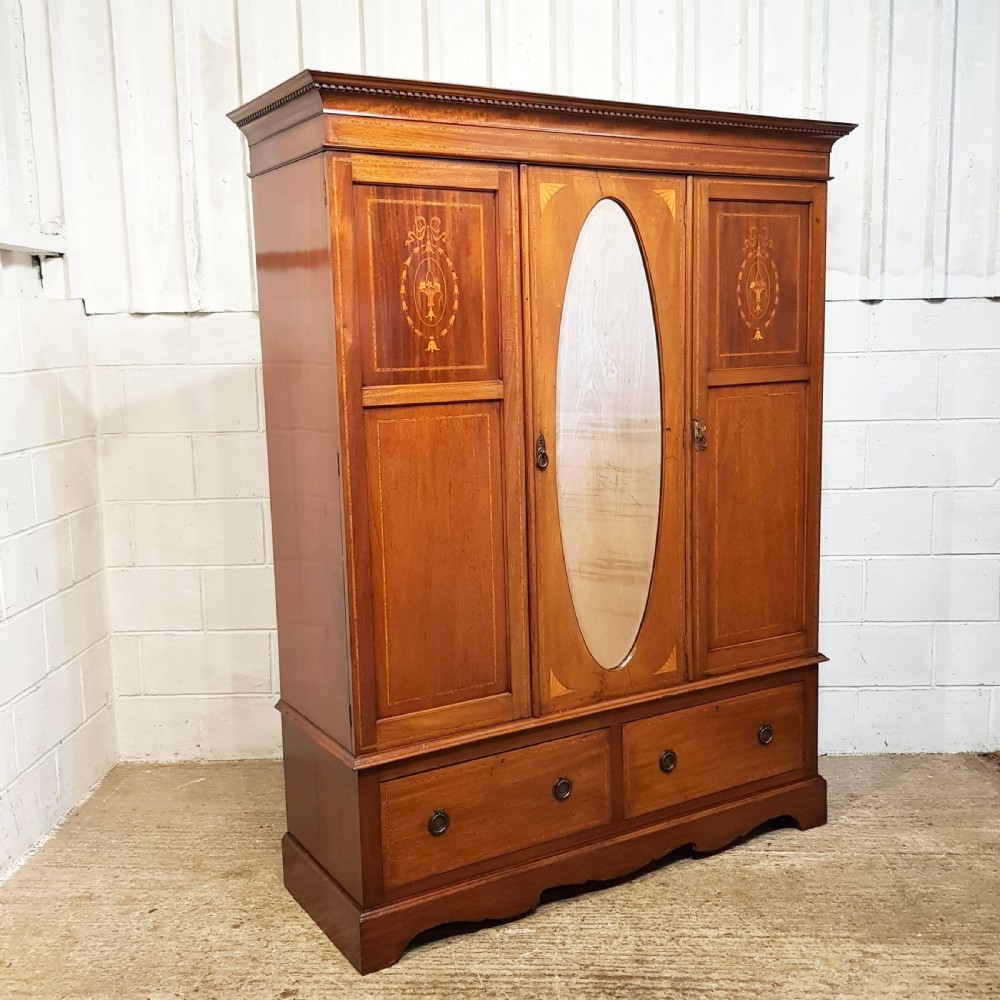 ANTIQUE EDWARDIAN INLAID SMALL MAHOGANY TRIPLE WARDROBE C1900 View II