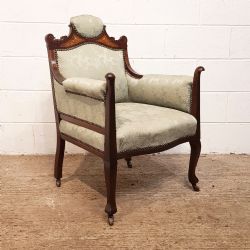 ANTIQUE ART NOUVEAU INLAID MAHOGANY SLON ARMCHAIR C1890