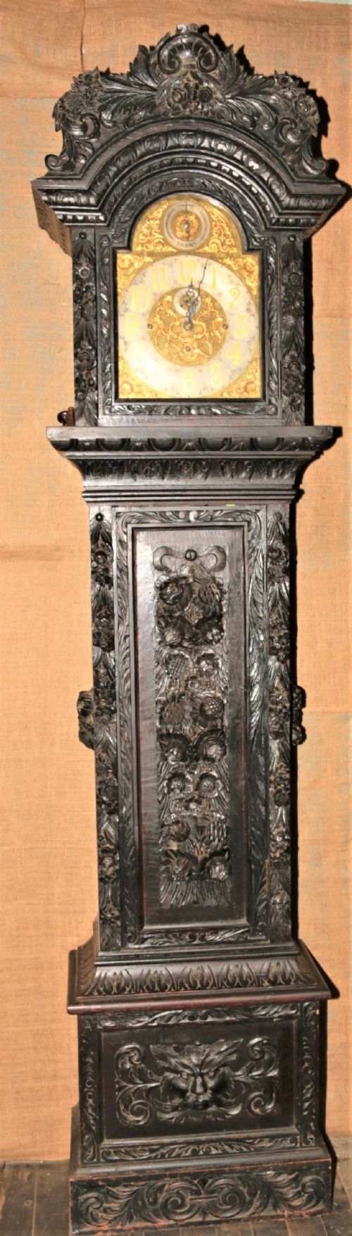 Carved Oak Grandfather Clock.