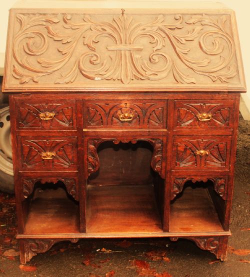 Carved Oak Bureau,victorian.