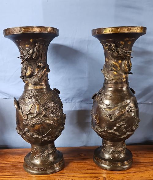 VERY LARGE PAIR JAPANESE BRONZE VASES