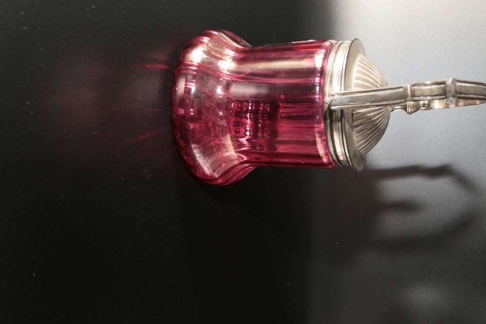 Victorian cranberry glass biscuit barrel. View VI