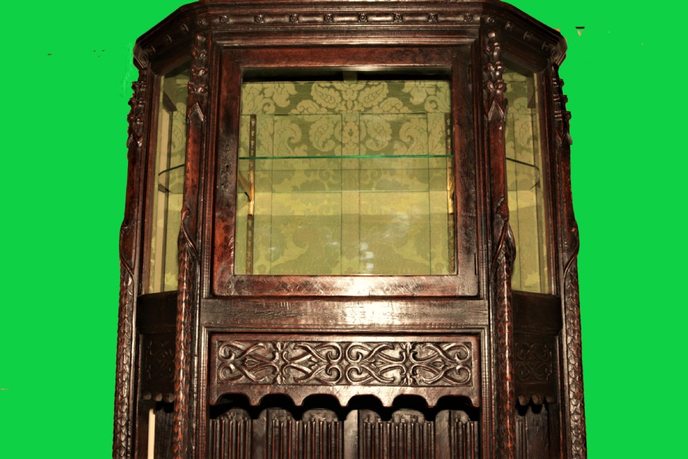 A dark carved oak Gothic Revival display cabinet featuring a glazed upper section, patterned fabric lining, and detailed linenfold panelling on the lower frame. View VI