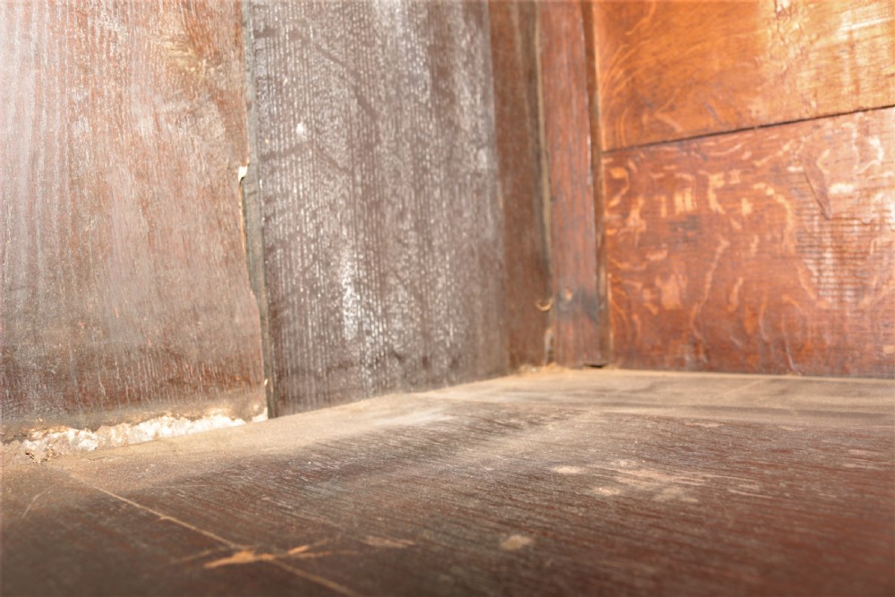 A dark carved oak Elizabethan court cupboard featuring geometric panelled doors, bulbous turned supports, and intricate foliate carvings. View XXIII