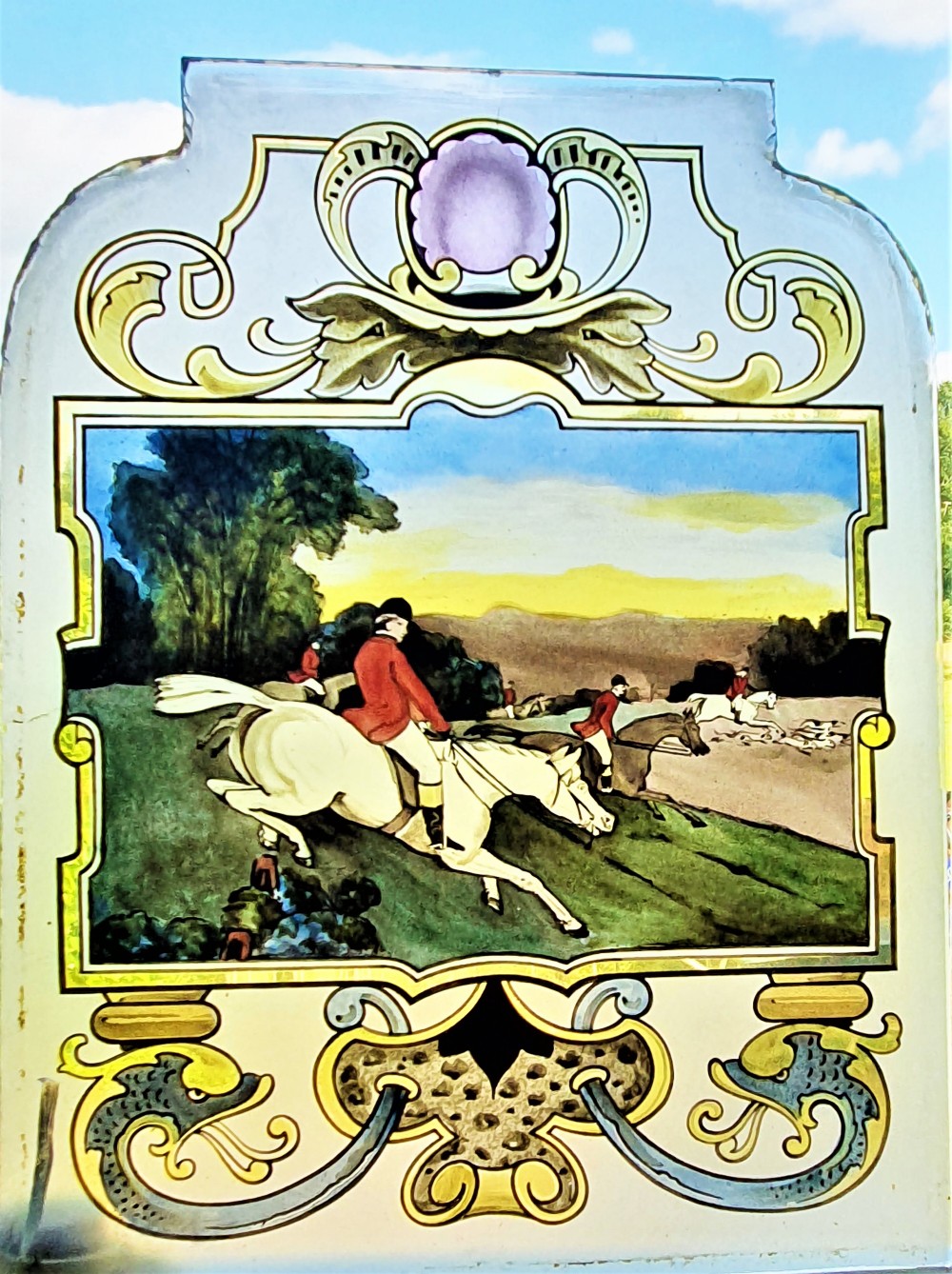Victorian hand-painted window out hunting.