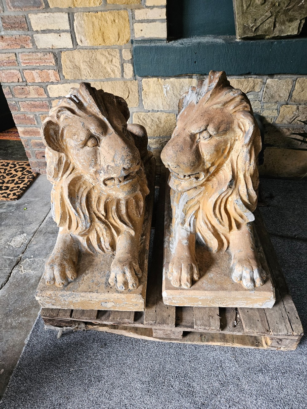 A pair of sculpted buff stone recumbent lion statues with detailed manes resting on integrated rectangular bases.