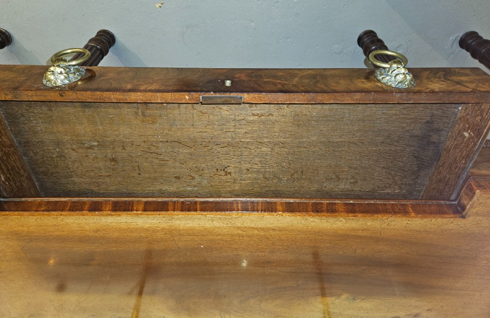 A Regency mahogany serving table featuring a brass gallery rail, lion mask ring handles, and six reeded tapered legs. View VII