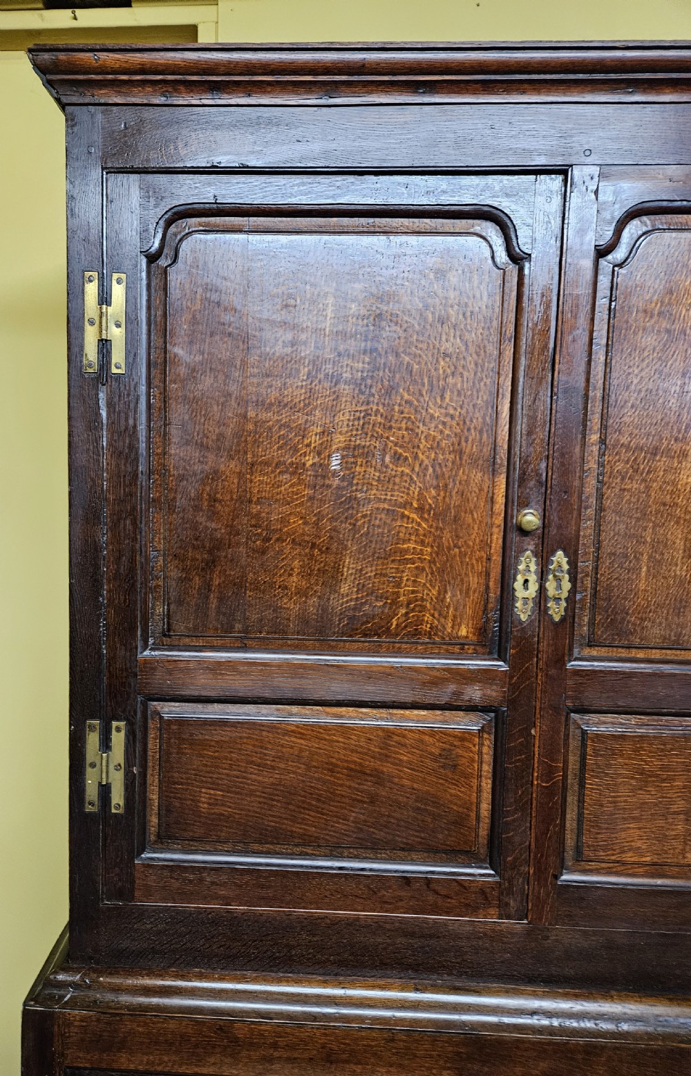 A large period dark oak livery cupboard featuring fielded arch-topped panel doors above a lower section fitted with drawers and brass hardware. View X