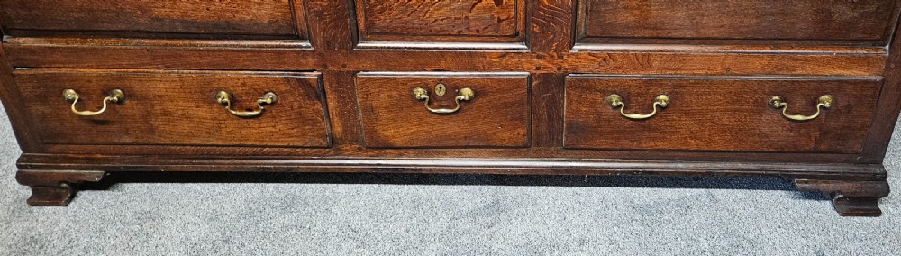 A large period dark oak livery cupboard featuring fielded arch-topped panel doors above a lower section fitted with drawers and brass hardware. View XII