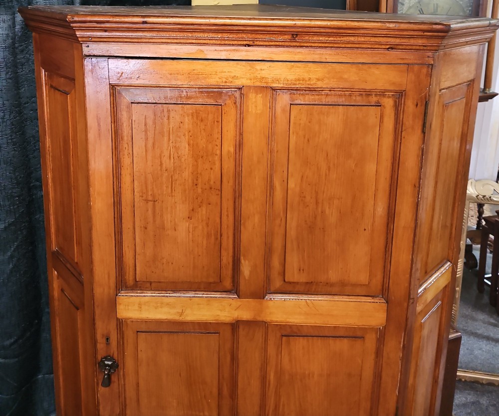 A tall Victorian pine corner wardrobe with fielded panel doors, a brass escutcheon, and a moulded cornice. View III