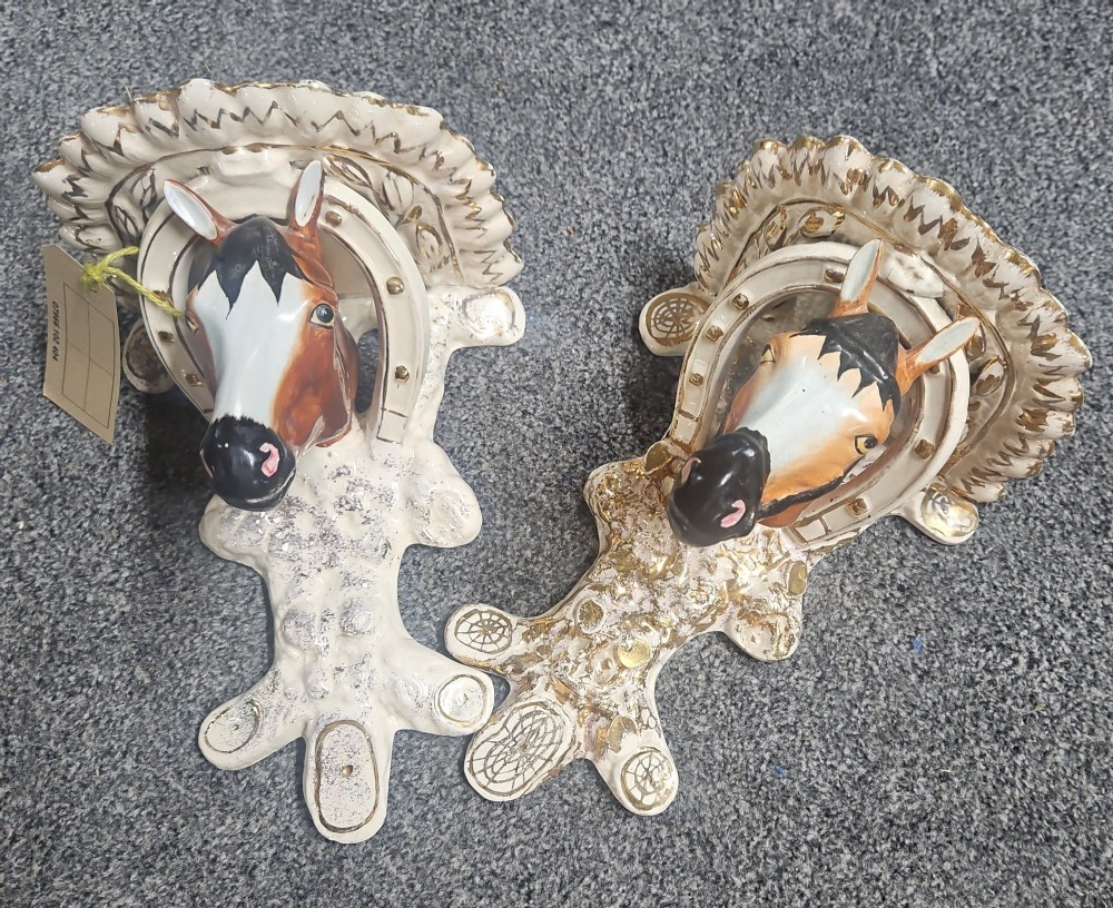 A pair of Victorian Staffordshire earthenware wall brackets featuring moulded horse heads framed by horseshoes with gilded decorative borders. View III