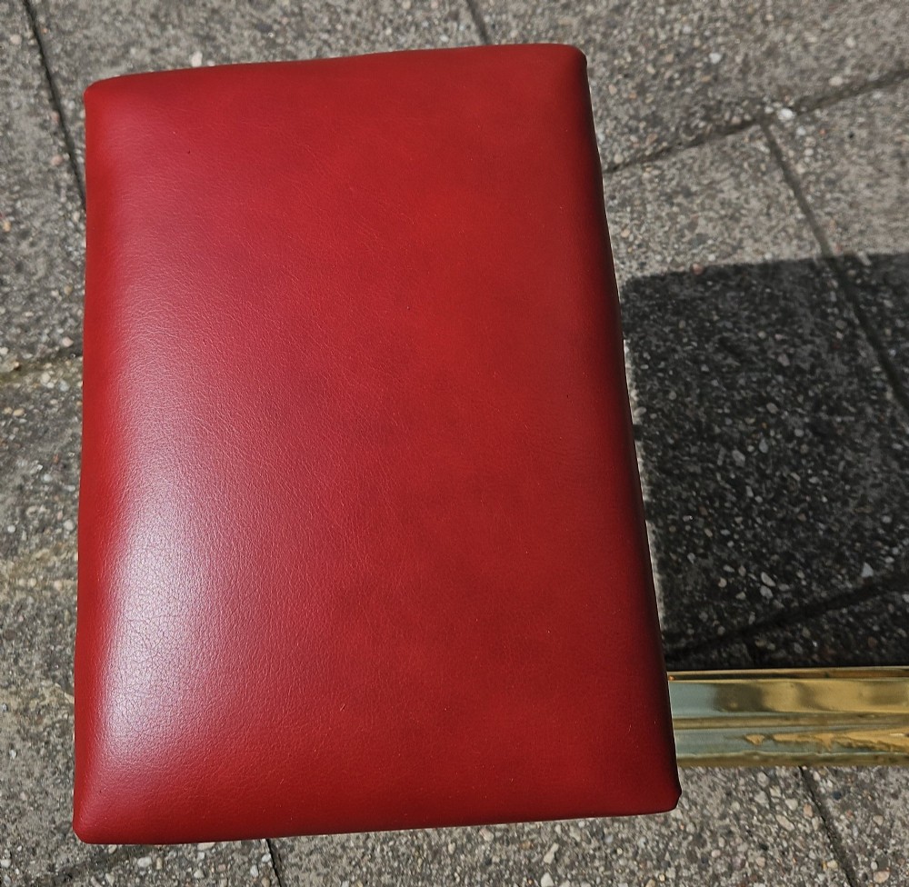 A Victorian brass club fender featuring a polished metal frame with upright supports and two red leather buttoned seats. View III