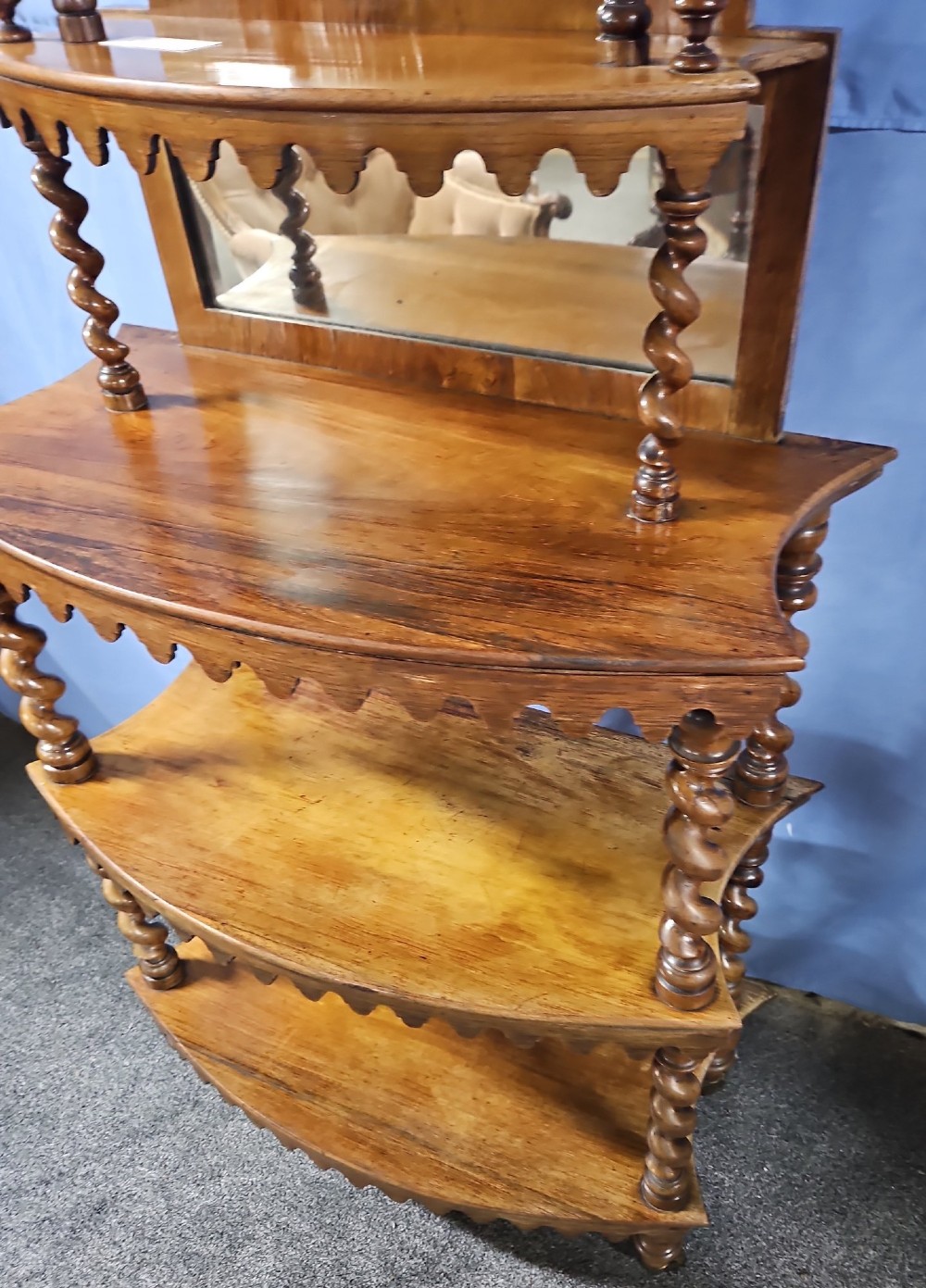 A multi-tiered Victorian rosewood etagere featuring barley twist supports, scalloped shelf aprons, and inset mirrored panels. View III