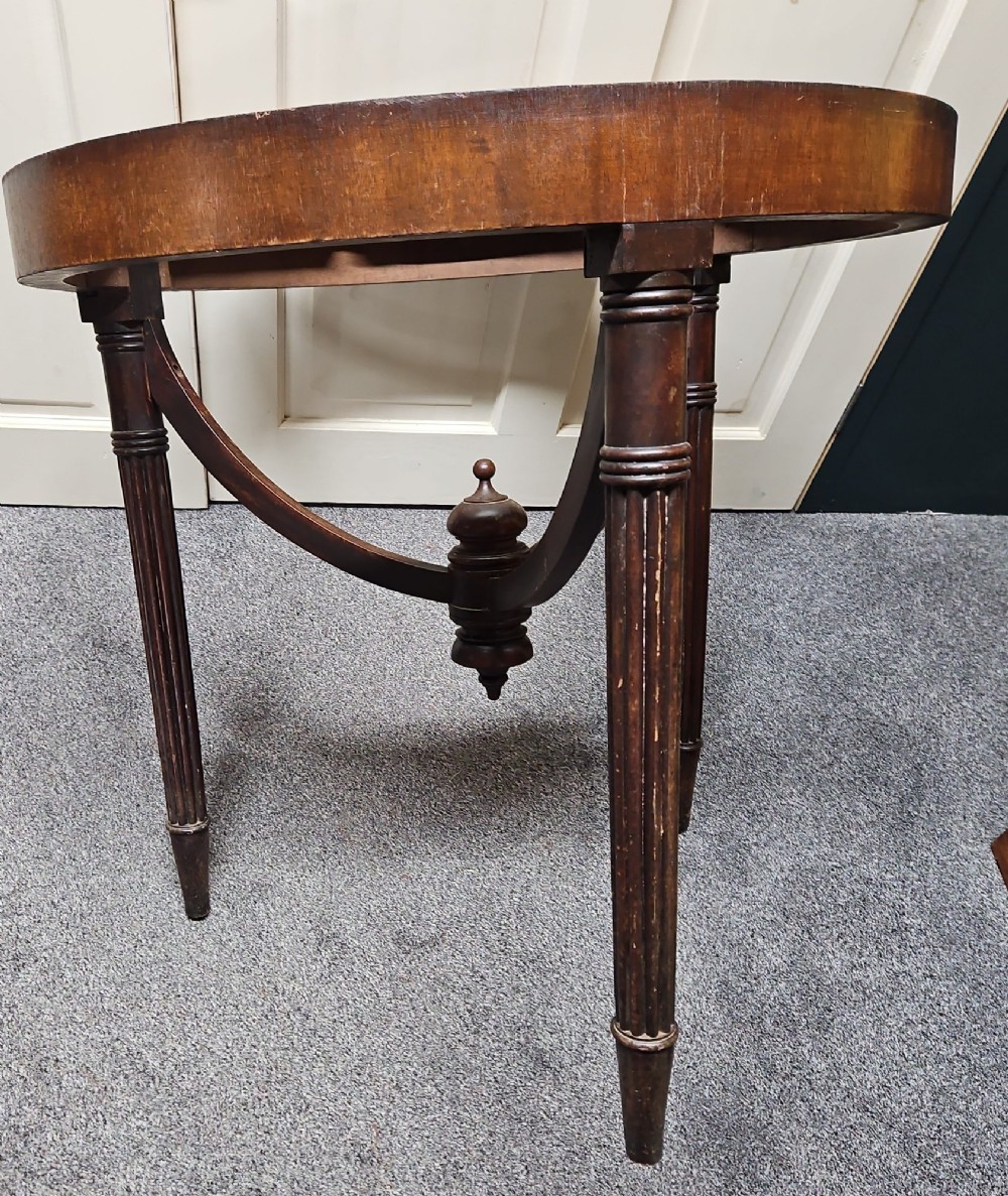 A dark mahogany circular globe stand featuring three fluted turned legs and a worn printed paper horizon ring. View III