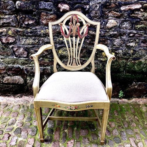 A PAIR OF PAINTED SHERATON REVIVAL ELBOW CHAIRS - ADDITIONAL PHOTO 4
