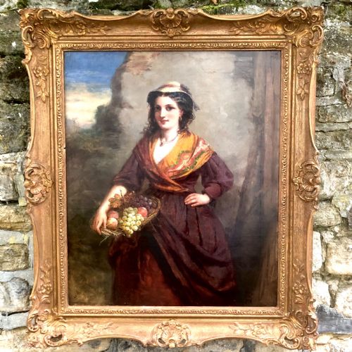 james cole an oil painting of a girl with a basket of fruit - CATEGORY: ANTIQUE ART - DATED VICTORIAN