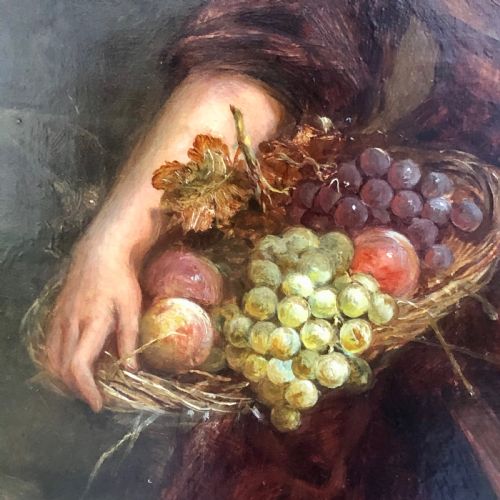 JAMES COLE AN OIL PAINTING OF A GIRL WITH A BASKET OF FRUIT - ADDITIONAL PHOTO 3