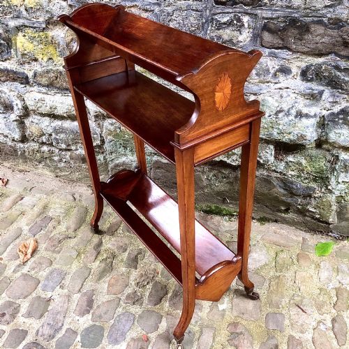 AN EDWARDIAN MAHOGANY TWO TIER BOOK TROUGH - ADDITIONAL PHOTO 2