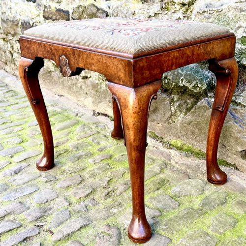 A QUEEN ANNE STYLE BURR WALNUT STOOL - ADDITIONAL PHOTO 2