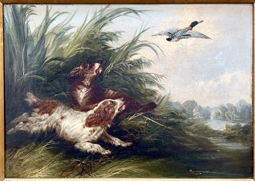 A LATE 19TH CENTURY OIL PAINTING ON CANVAS OF SPANIELS HUNTING - ADDITIONAL PHOTO 1