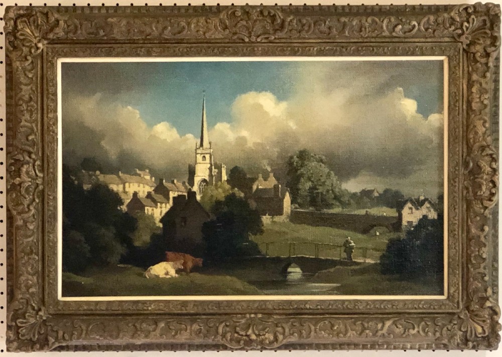 Village Scene, Tetbury, Gloucestershire, painting by Bertram Nicholls PRBA 