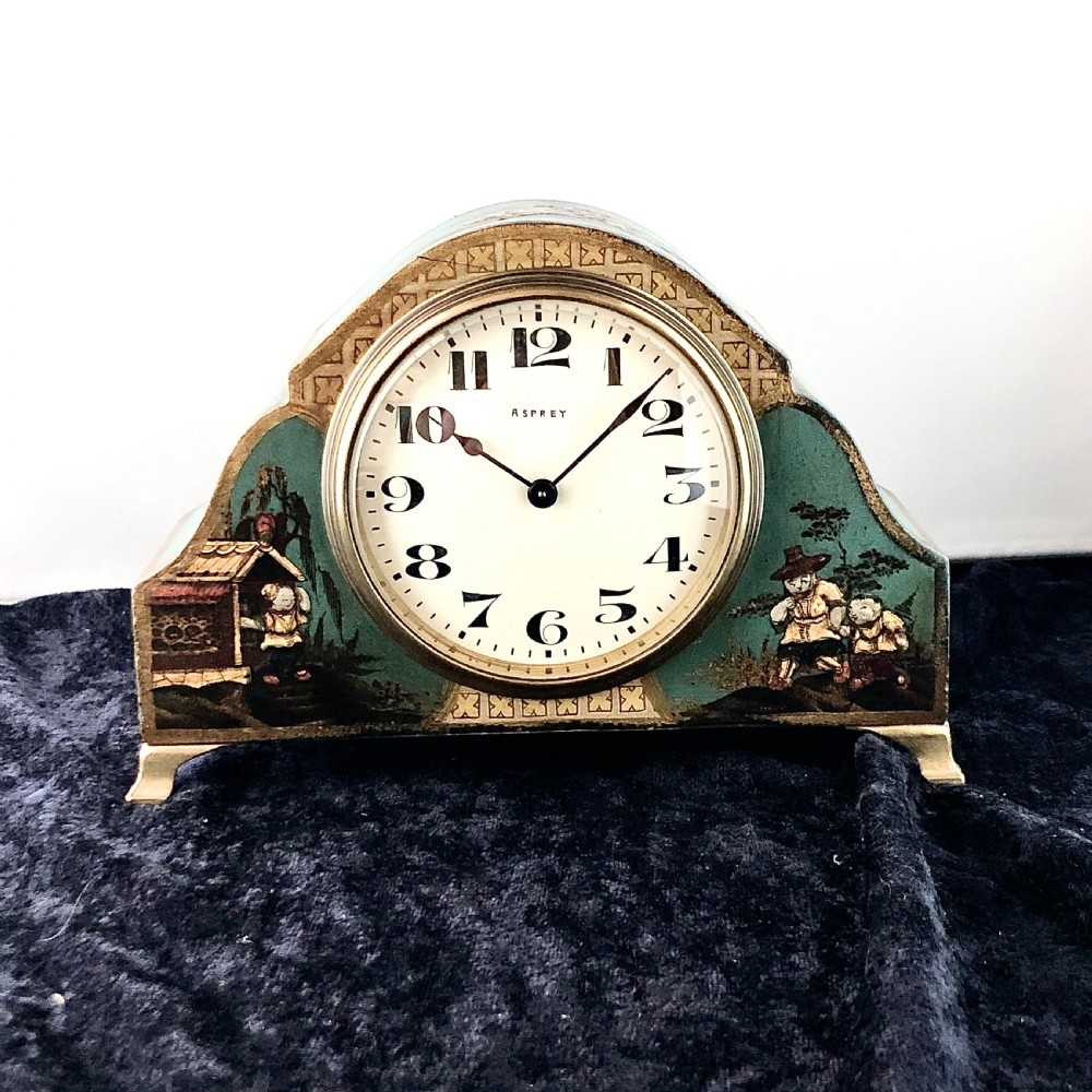 An early 20th century Chinoiserie mantel clock timepiece by Asprey. View II