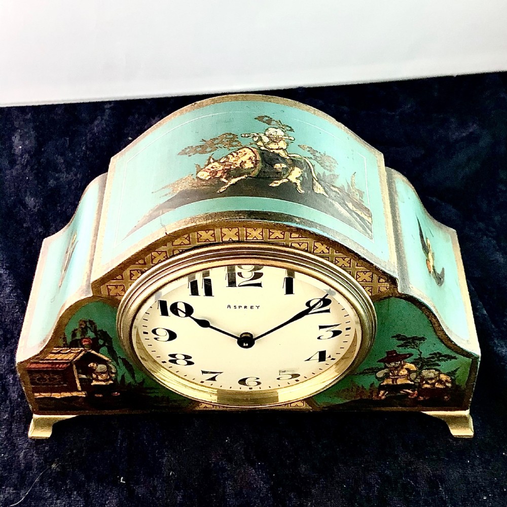 An early 20th century Chinoiserie mantel clock timepiece by Asprey. View III