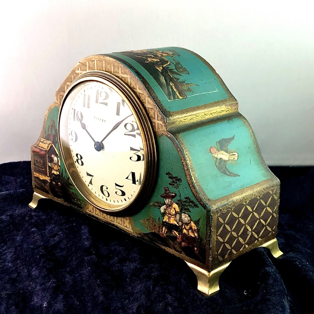 An early 20th century Chinoiserie mantel clock timepiece by Asprey. View IV