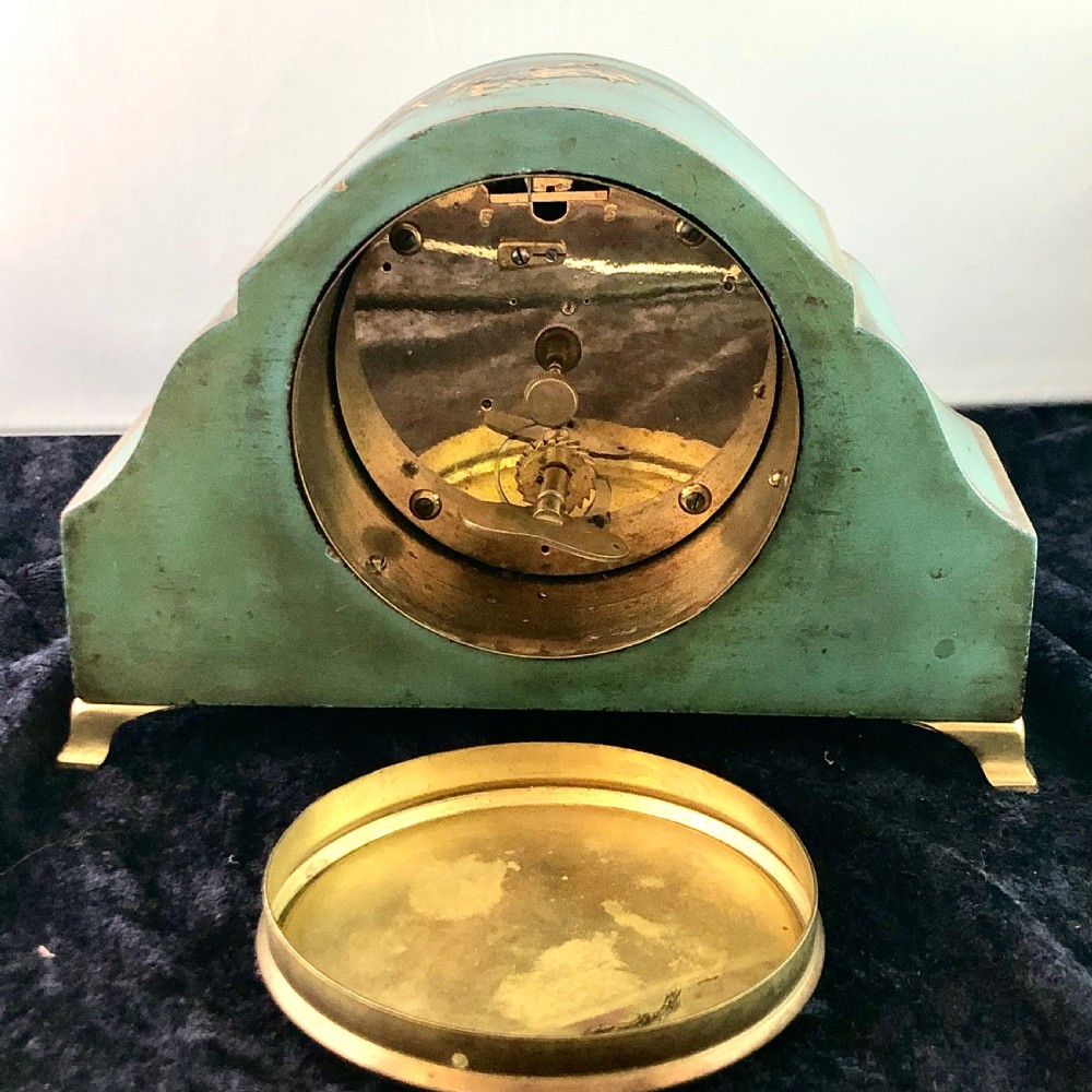 An early 20th century Chinoiserie mantel clock timepiece by Asprey. View V