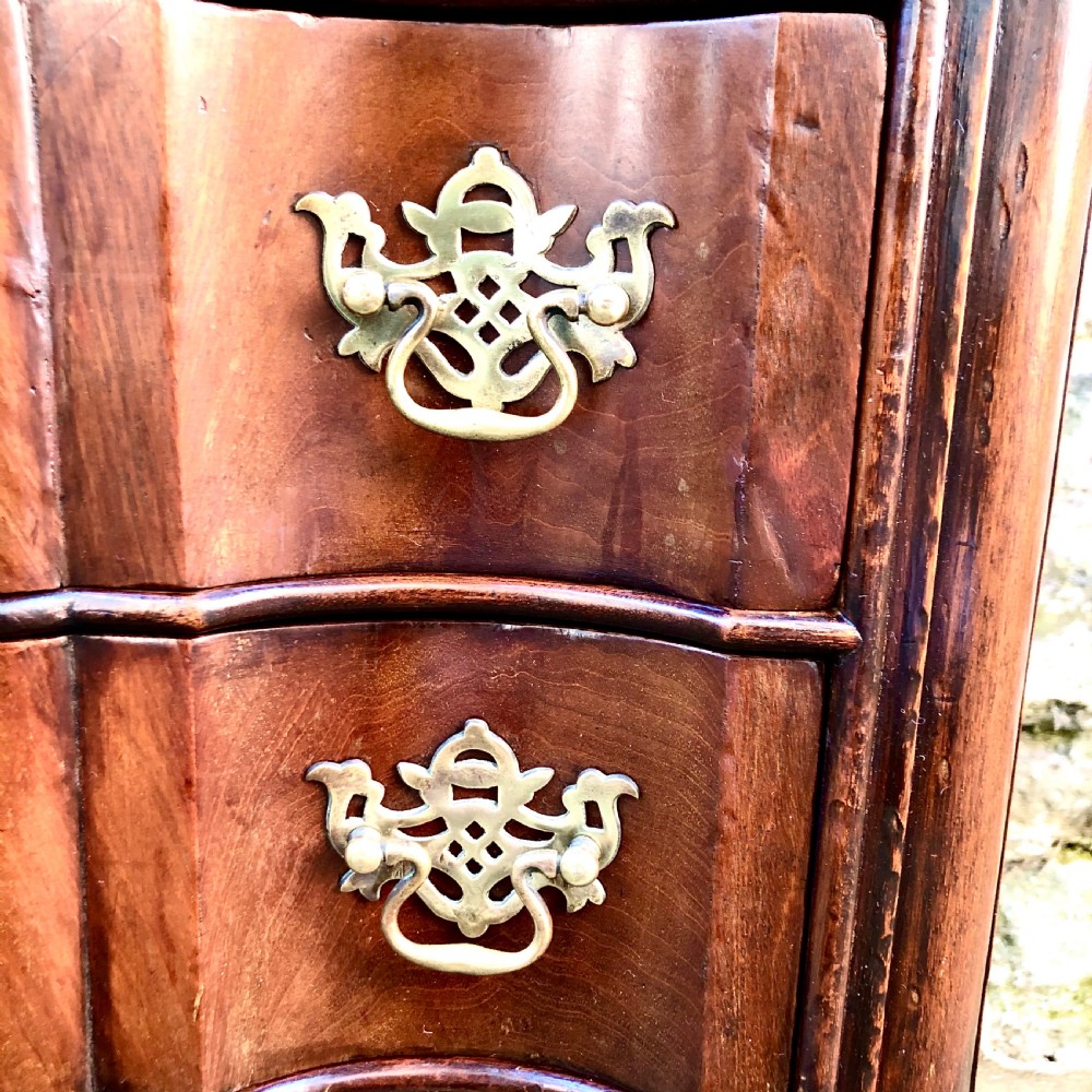 A Portuguese mahogany two-drawer commode featuring serpentine drawer fronts, decorative brass escutcheons and handles, and carved cabriole legs ending in claw feet. View III