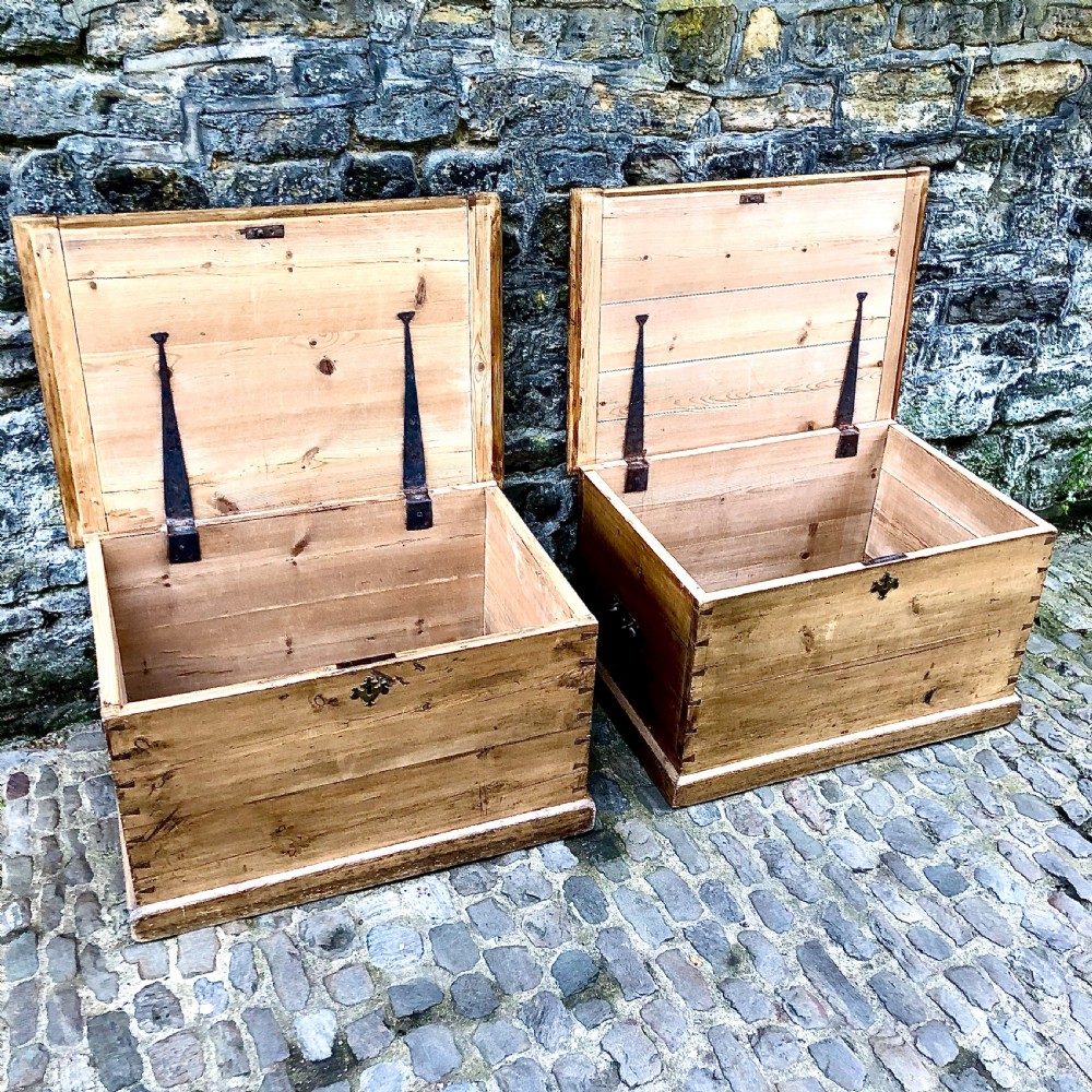A pair of early 19th century pine blanket boxes or sailors trunks View II