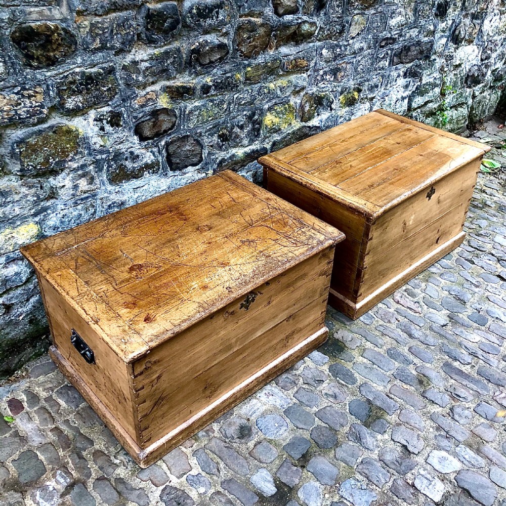A pair of early 19th century pine blanket boxes or sailors trunks View III
