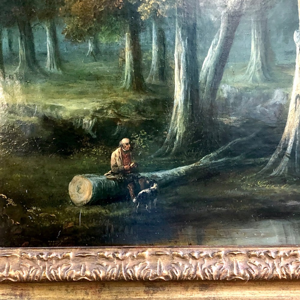 A late 18th-century oil painting on canvas depicting a rural landscape with cattle standing in a stream, surrounded by mature trees, housed in a moulded giltwood frame. View III