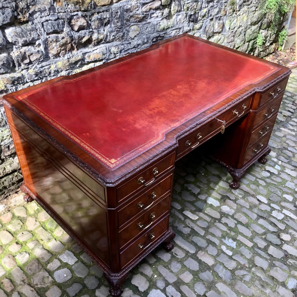 A large Edwardian freestanding mahogany pedestal desk  View IV