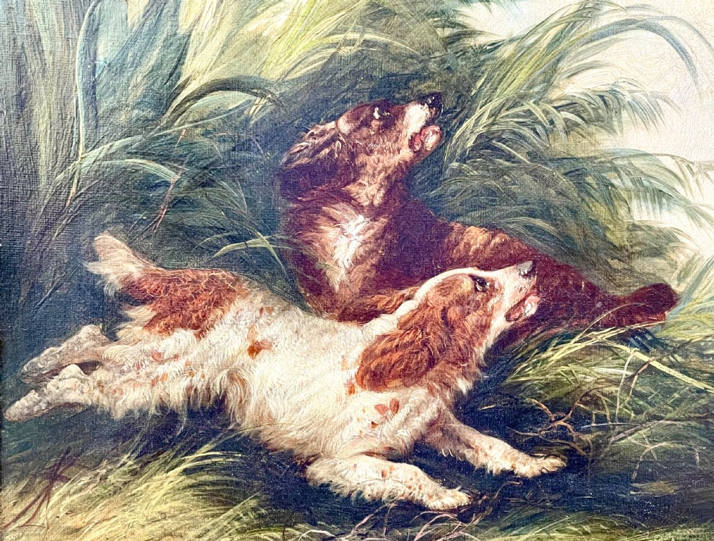 A late 19th century oil painting on canvas of spaniels hunting View III