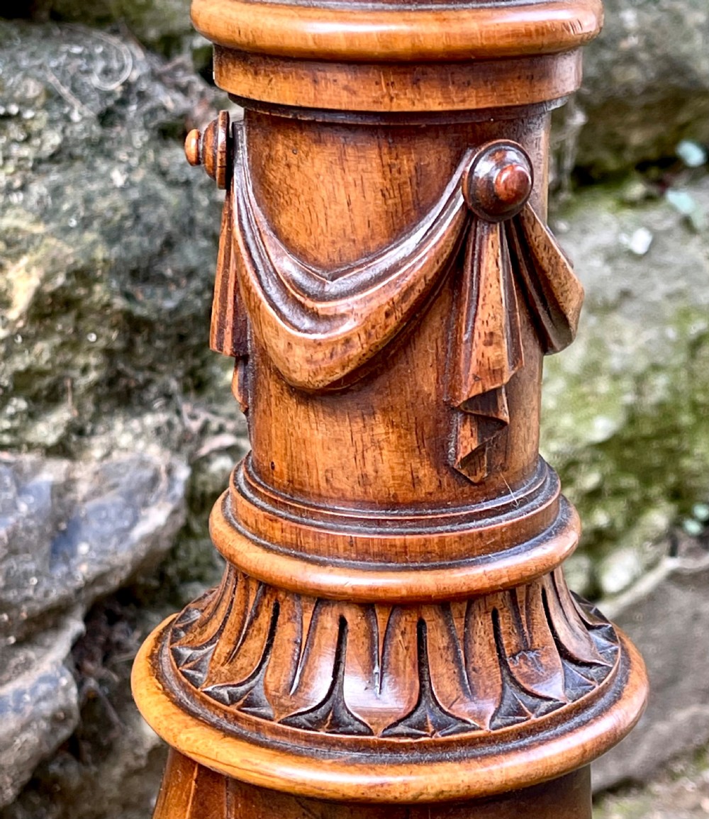 An unusual Victorian burr walnut and boxwood tripod wine table View VI