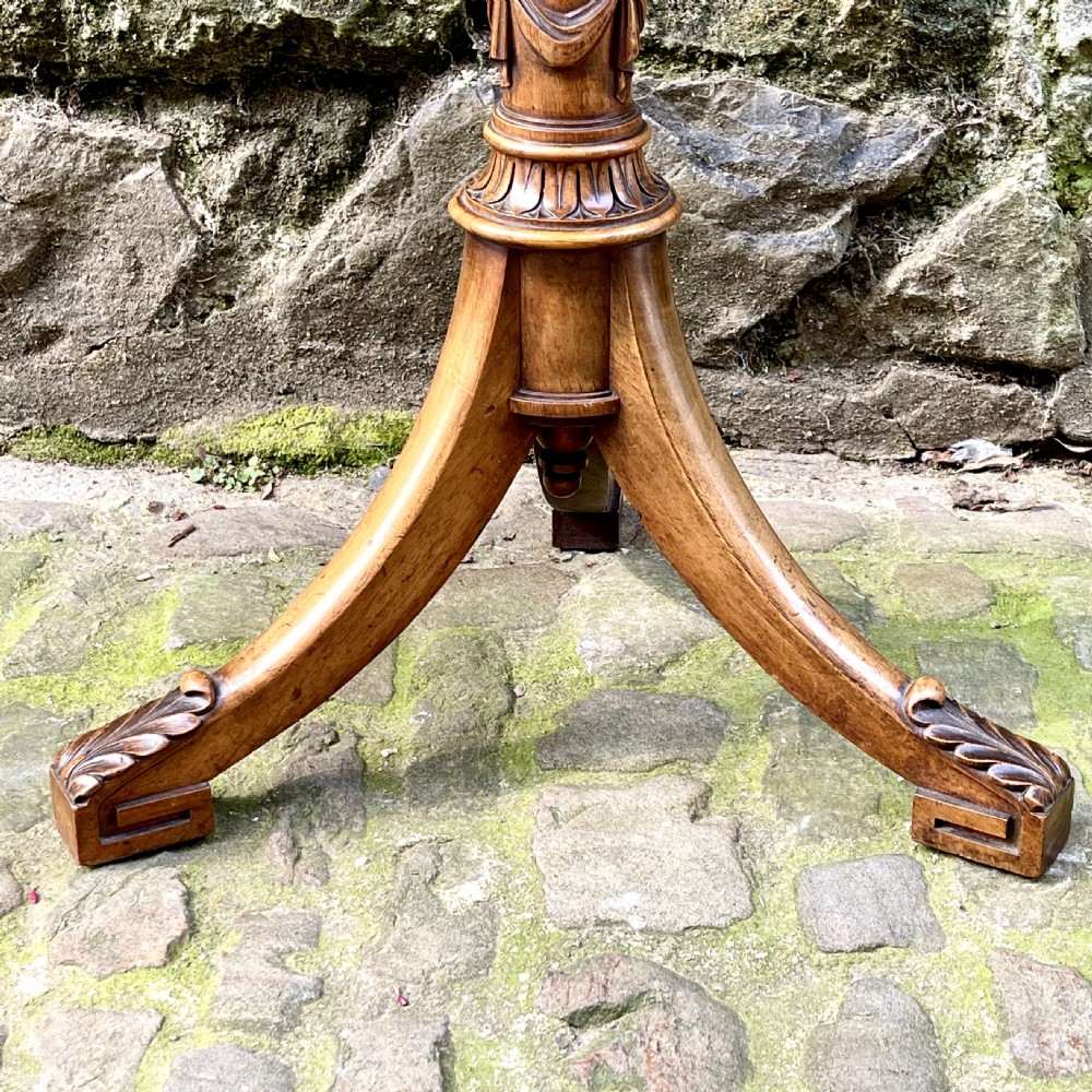 An unusual Victorian burr walnut and boxwood tripod wine table View VII