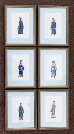 SET OF SIX CHINESE WATERCOLOURS IN GLAZED GILT FRAMES
