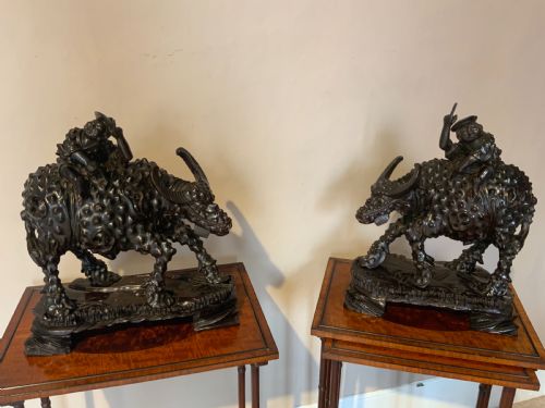 a large pair of chinese carved wood water buffalo - CATEGORY: ANTIQUE SCULPTURES - DATED 19TH CENTURY