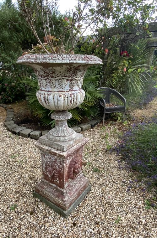 a large terracotta garden urn on plinth - CATEGORY: ANTIQUE MISCELLANEOUS - DATED 19TH CENTURY