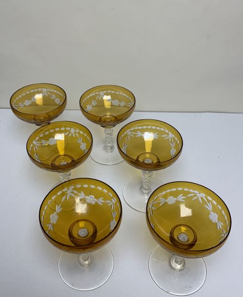 set six amber coloured champagne glasses - CATEGORY: ANTIQUE JEWELLERY - DATED 1930