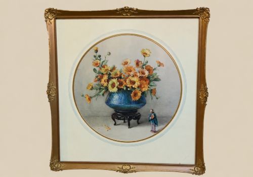 A Watercolour Depicting a Still Life of Marigold Flowers with  Chinese Objects.